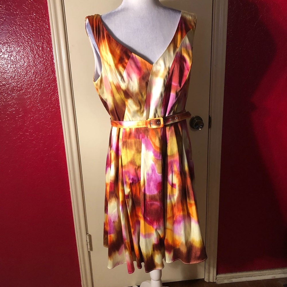 Roulette Sleeveless Multi Colored Belted Dress